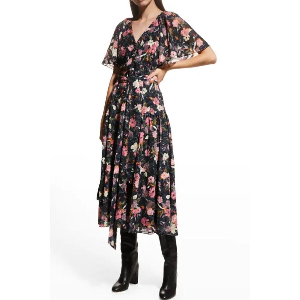 Tanya Taylor Bria Floral Faux Wrap Midi Dress Black Multi Women's Size 14